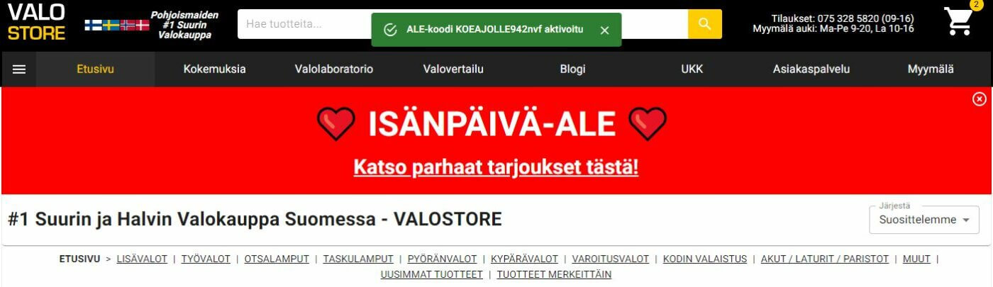 Valostore alennuskoodi
